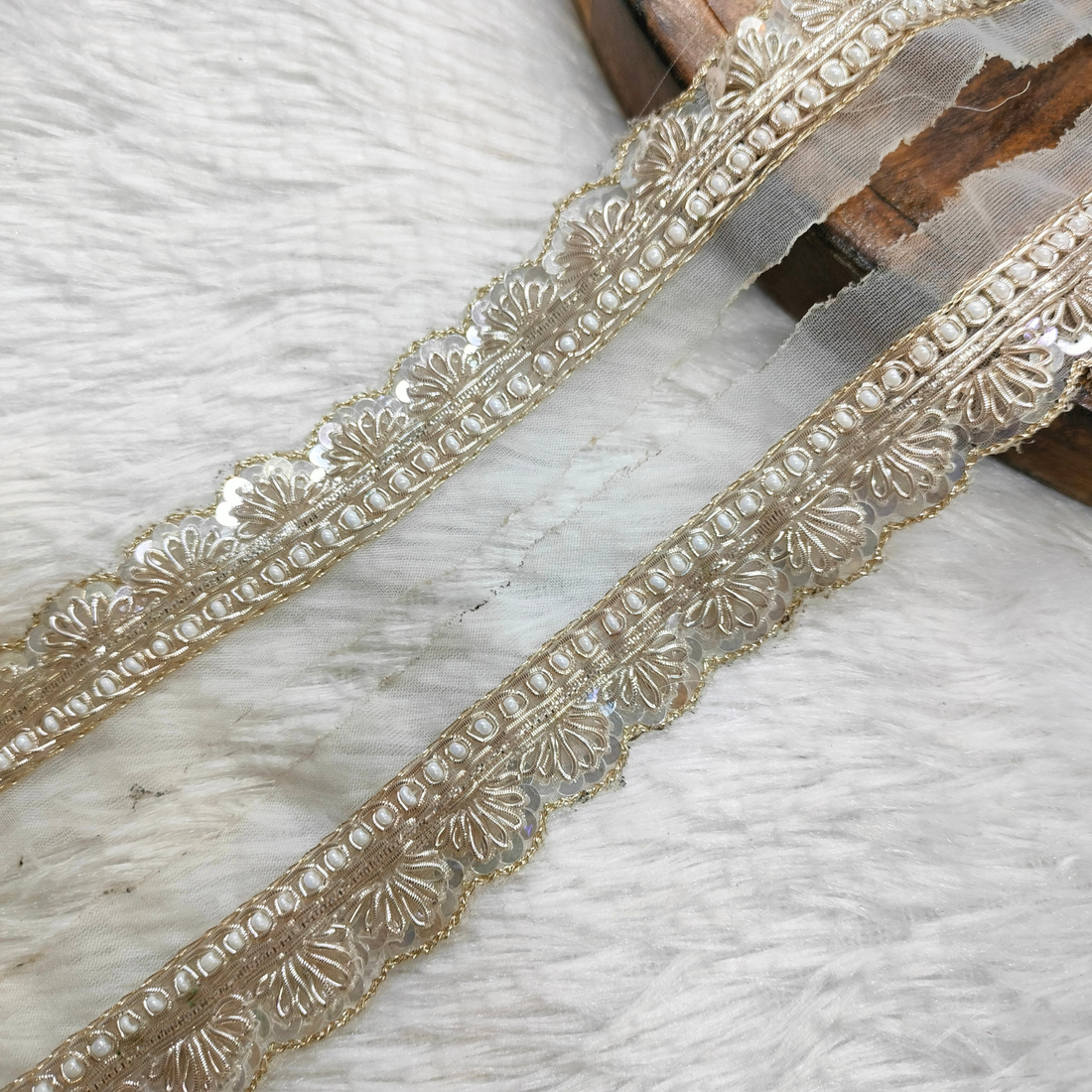 White Pearl Zari Scallop Lace