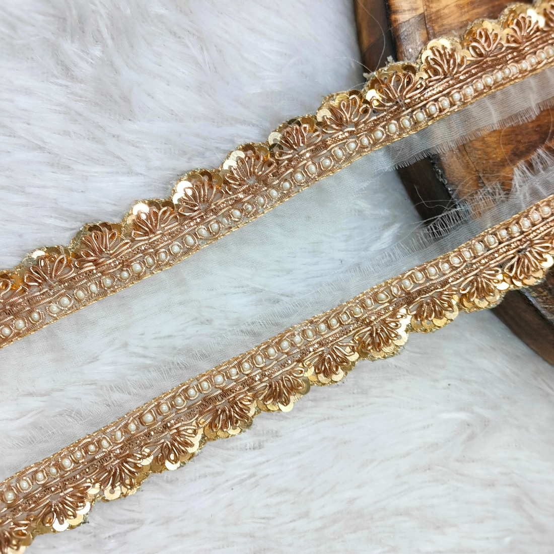 Rose Gold Pearl Zari Scallop Lace