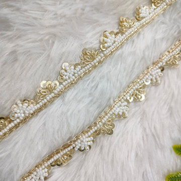 Golden Scallop Pearl Bead Embroidered Lace
