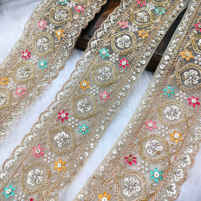 Beige Multicolor Handcrafted Lace Border with Pearl, Sequin and Floral Cutwork Detailing