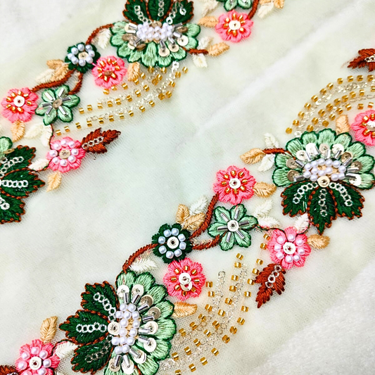 Green Multicolor Floral Embroidery Trim