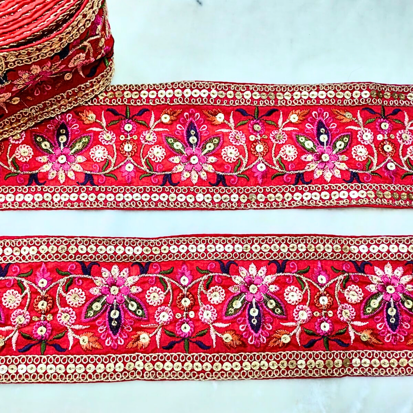 Multicolor Embroidered Red Trim