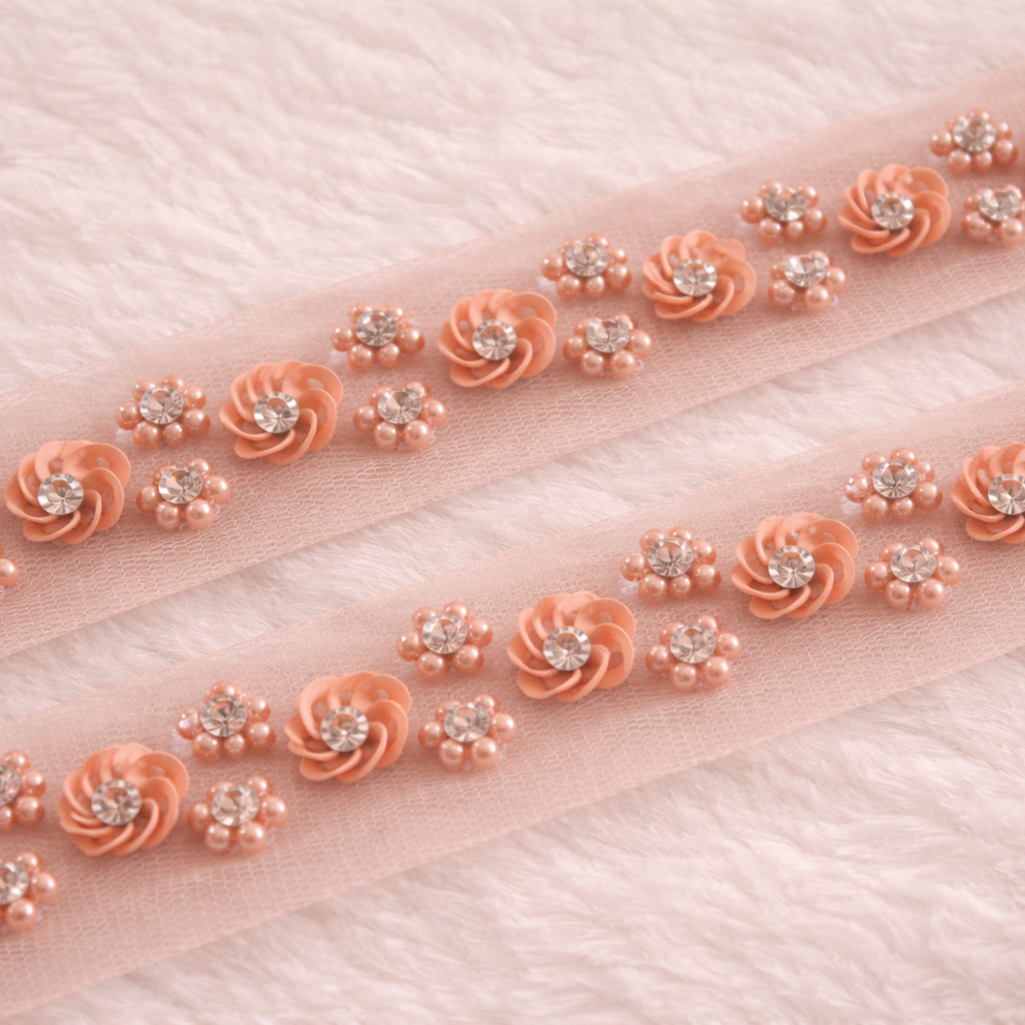 Coral Pink Floral Rhinestone & Pearl Trim