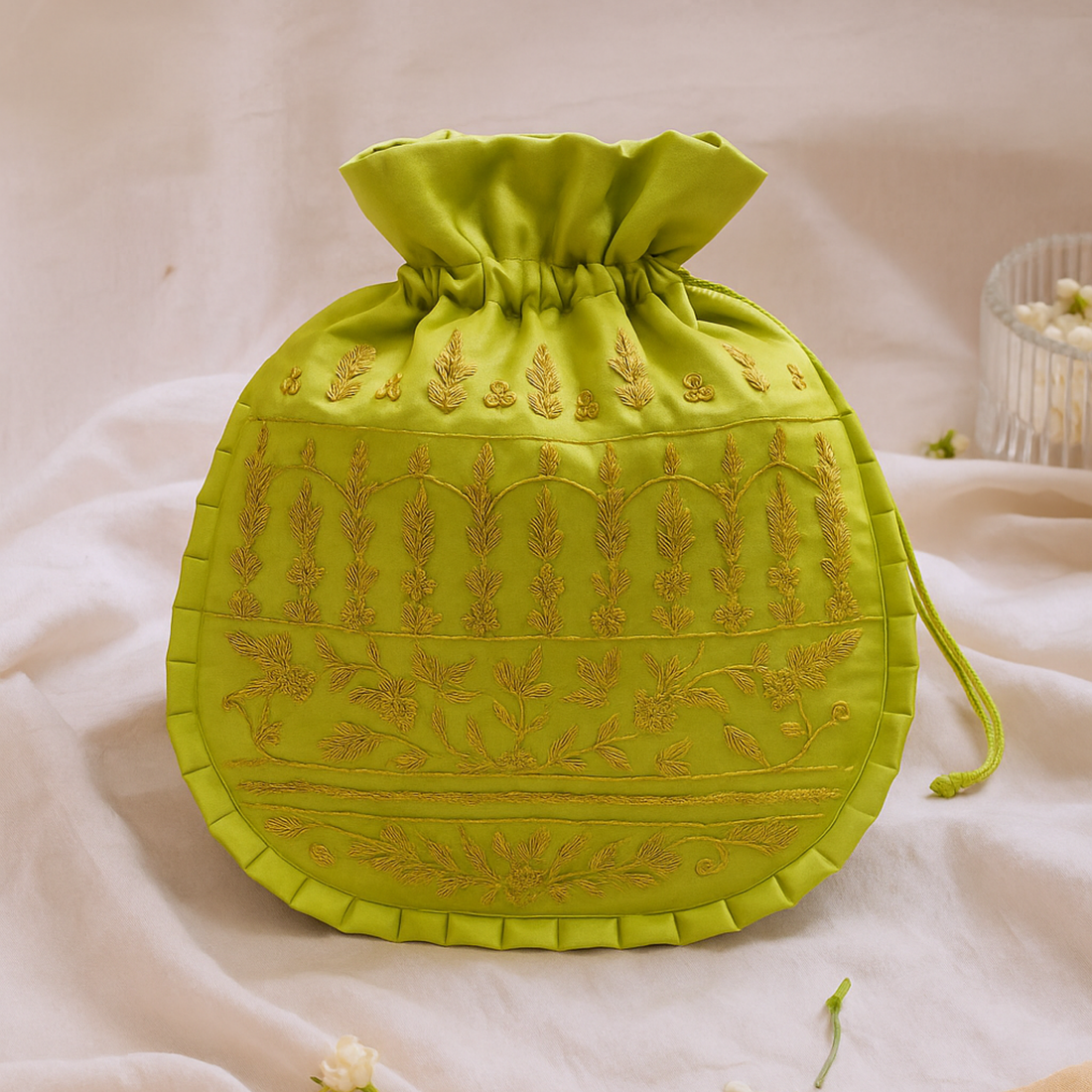 Lime Green Floral Zardozi Potli Bag