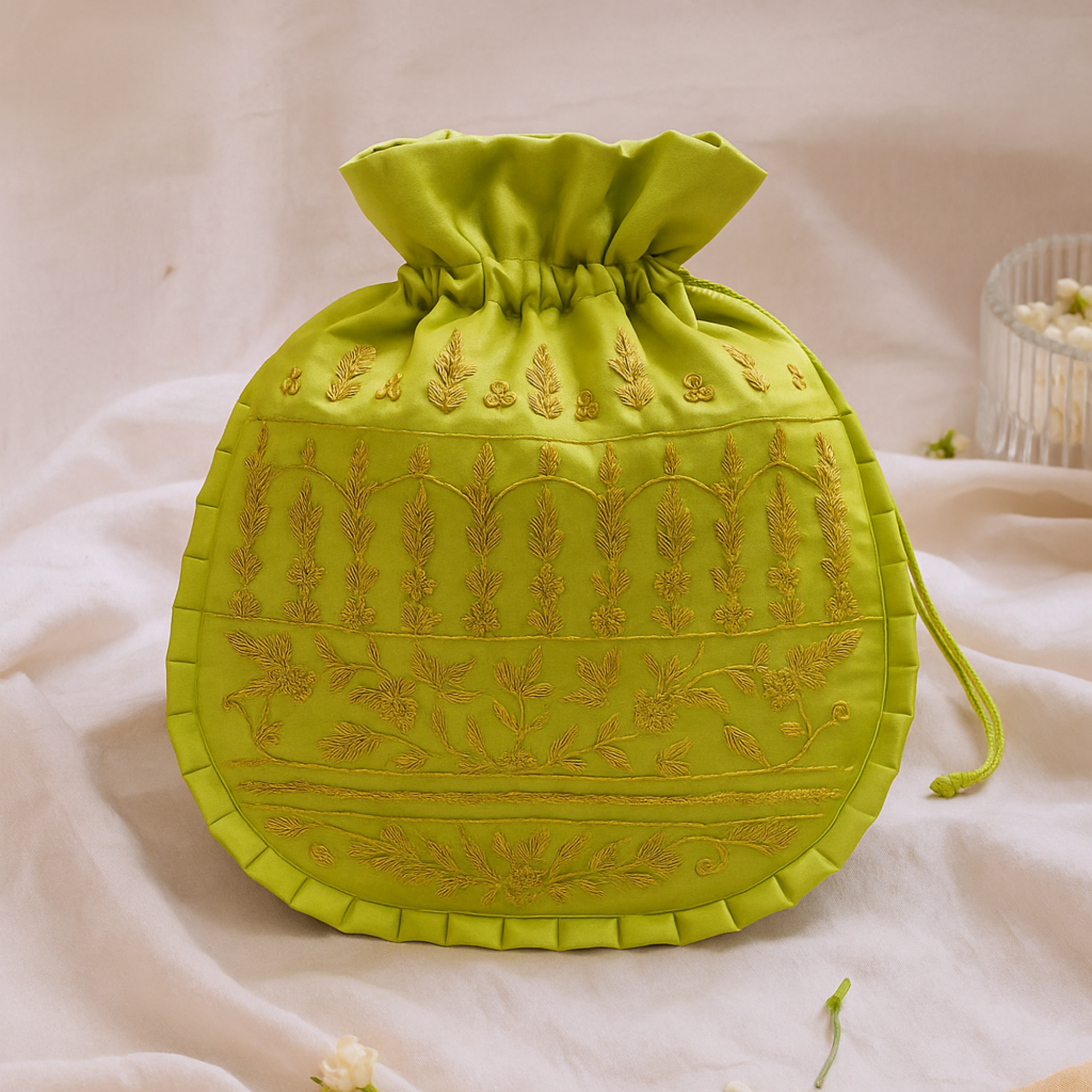 Lime Green Floral Zardozi Potli Bag