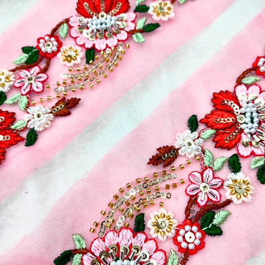 Red Multicolor Floral Embroidery Trim