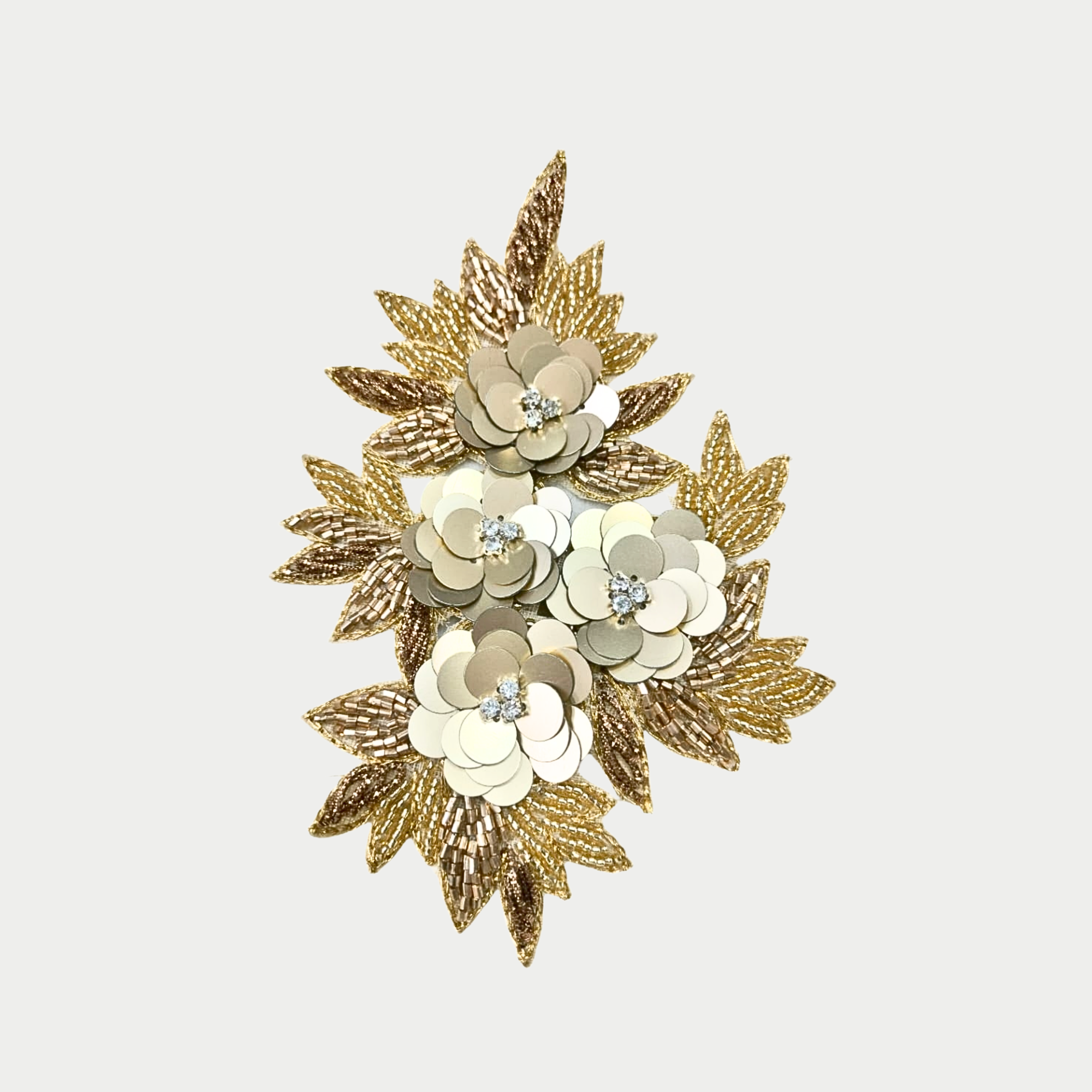 Gold Sequin Floral Cluster Patch with Beaded Leaves