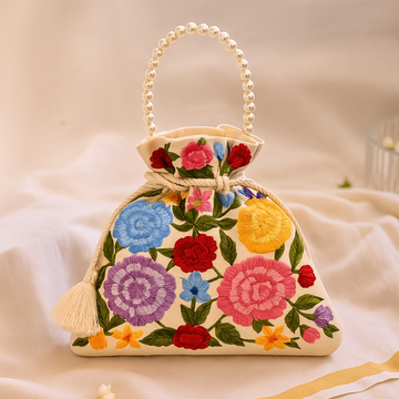 Ivory Multicolor Floral Embroidered Potli Bag