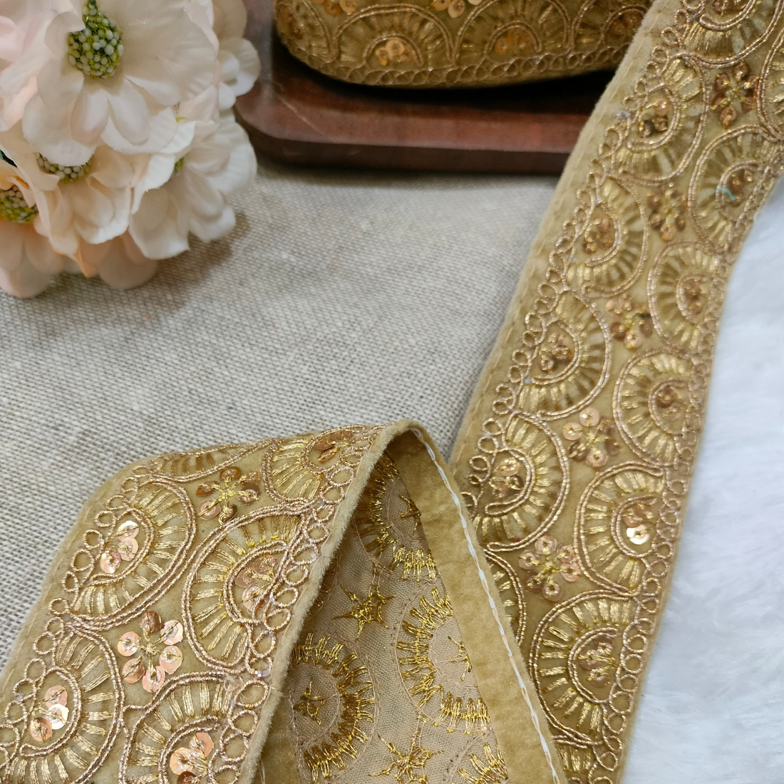 Beige Fancy Zari And Sequin Trim