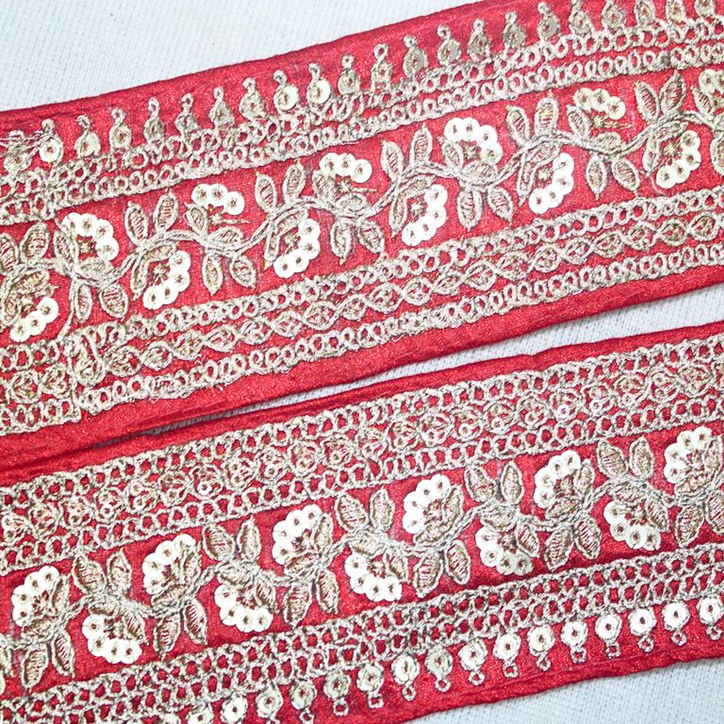 Vibrant Red Sequin and Zari Trim for Stunning Embellishments