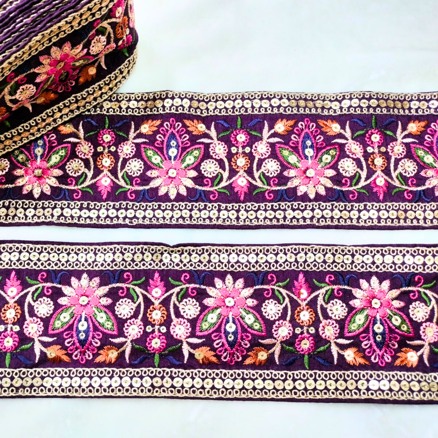 Multicolor Embroidered Purple Trim