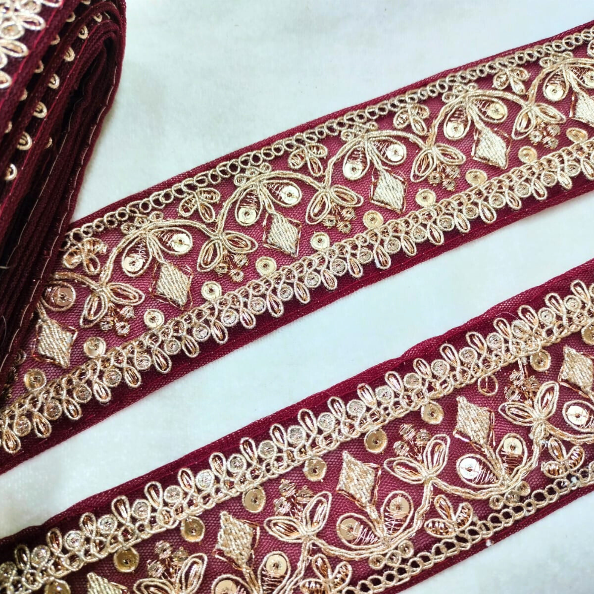 Maroon And Gold Zari Embroidered Lace