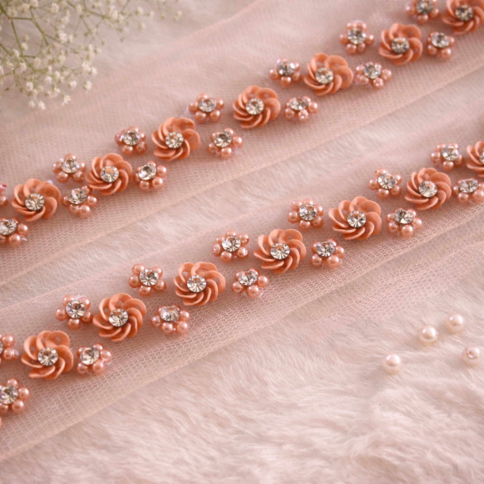 Coral Pink Floral Rhinestone & Pearl Trim