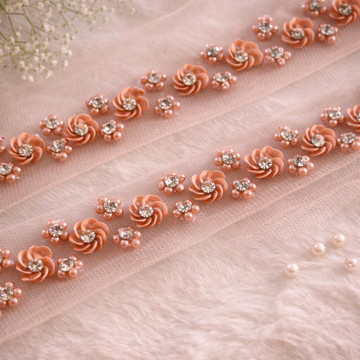 Coral Pink Floral Rhinestone & Pearl Trim
