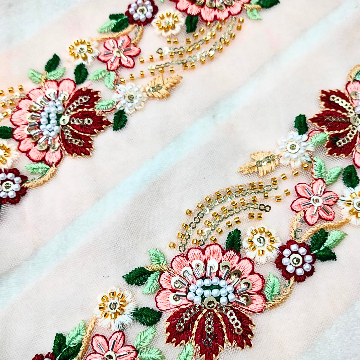 Peach Multicolor Floral Embroidery Trim