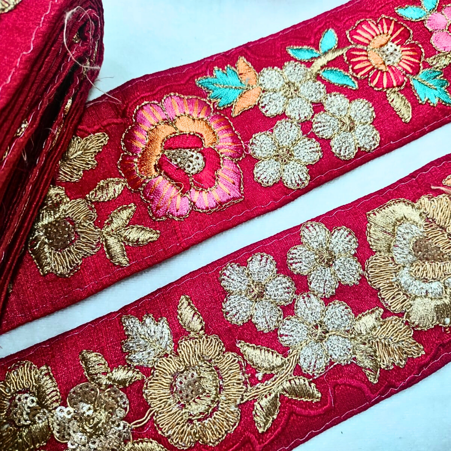 Red Fancy Zari and Thread Work Embroidered Border