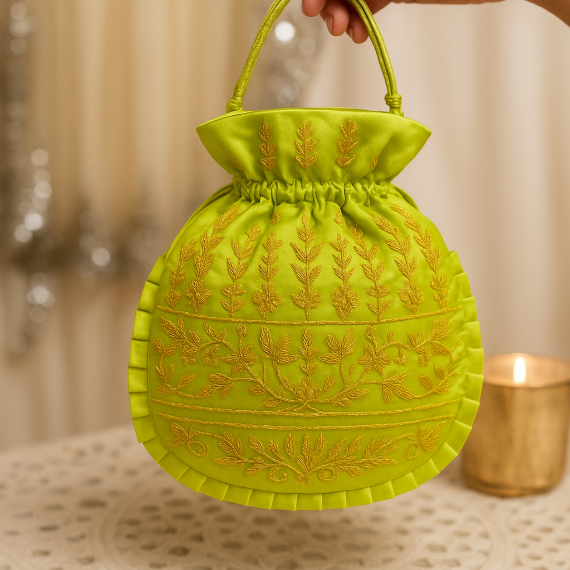 Lime Green Floral Zardozi Potli Bag