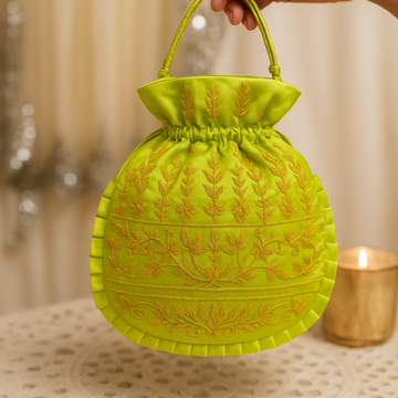 Lime Green Floral Zardozi Potli Bag
