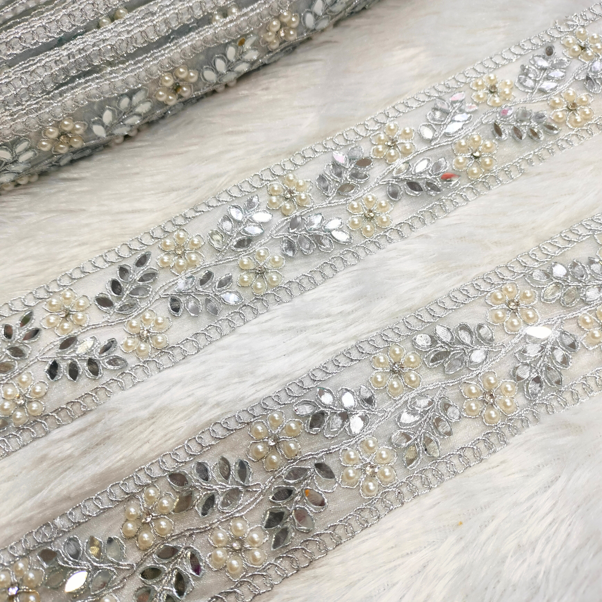 Silver Mirror And Pearl Embellished Trim
