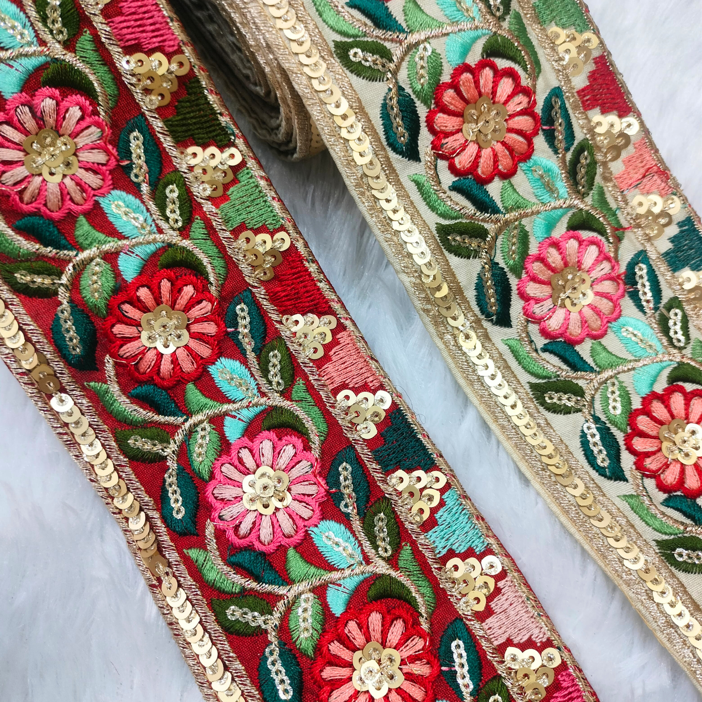 Bold Bright Red Multicolor Embroidered Trim