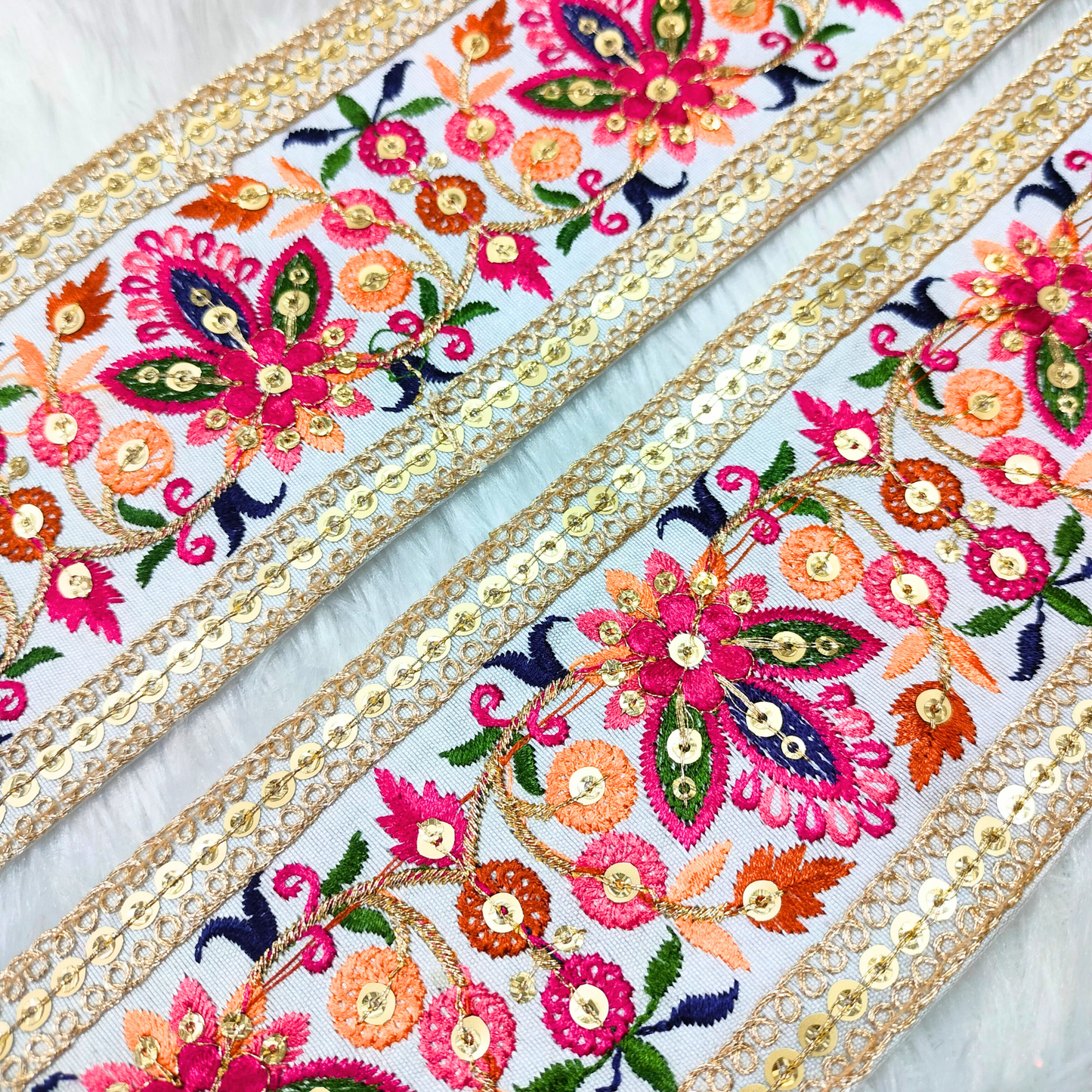 Multicolor Embroidered White Trim