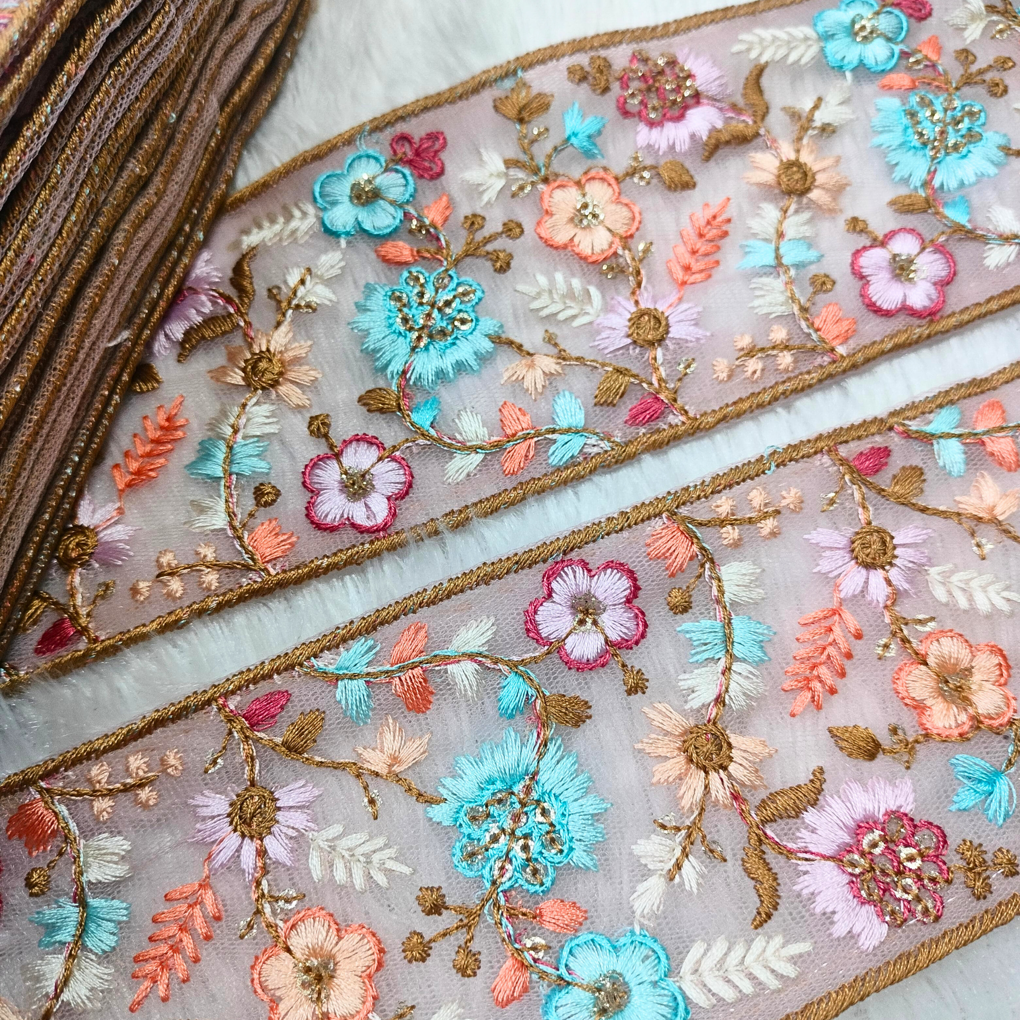 Delicate Multicolor Floral Embroidery Lace Trims