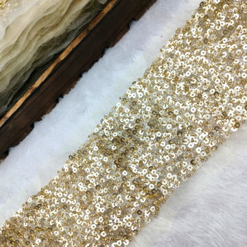 Dense Sequin Embellished Lace Trim on Sheer Base for Bridal & Designer Wear