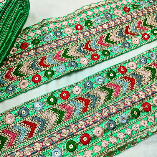 Vibrant Mint Green Base Multicolor Embroidery Lace Trim