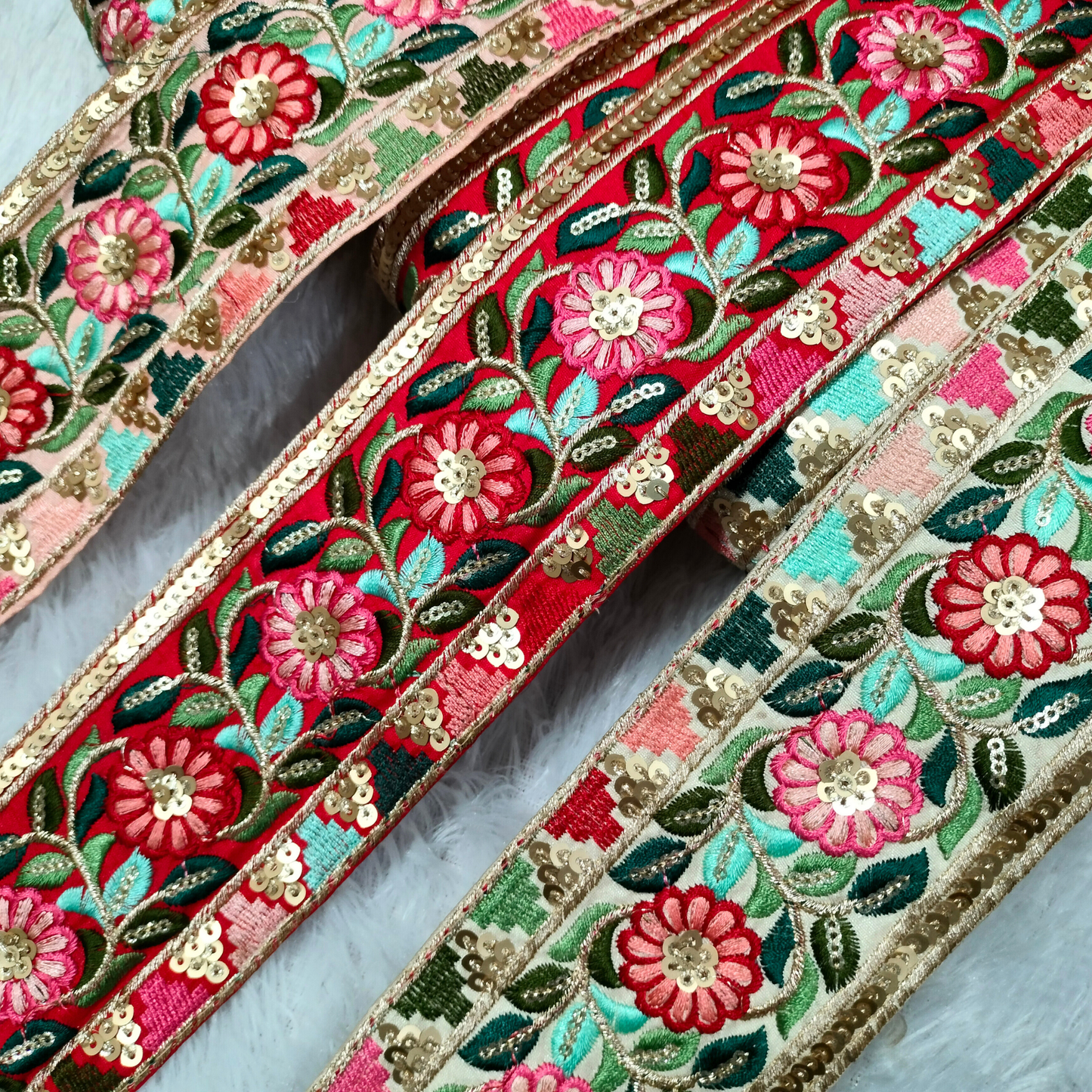 Bold Bright Red Multicolor Embroidered Trim