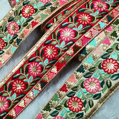 Bold Bright Red Multicolor Embroidered Trim