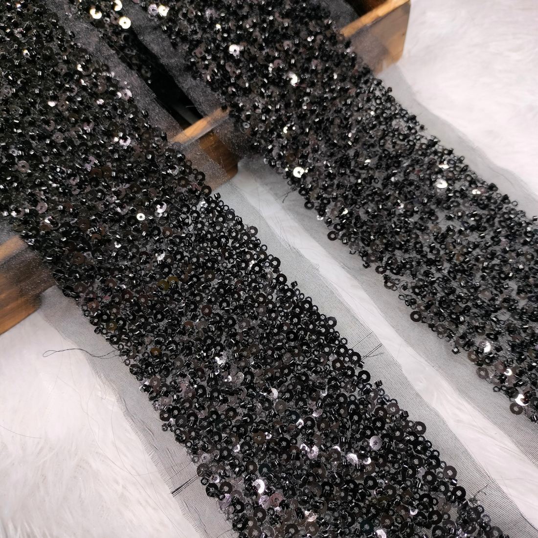 Dense Sequin Embellished Lace Trim on Sheer Base for Bridal & Designer Wear