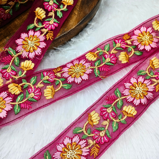 Pink Multicolor Embroidered Trim