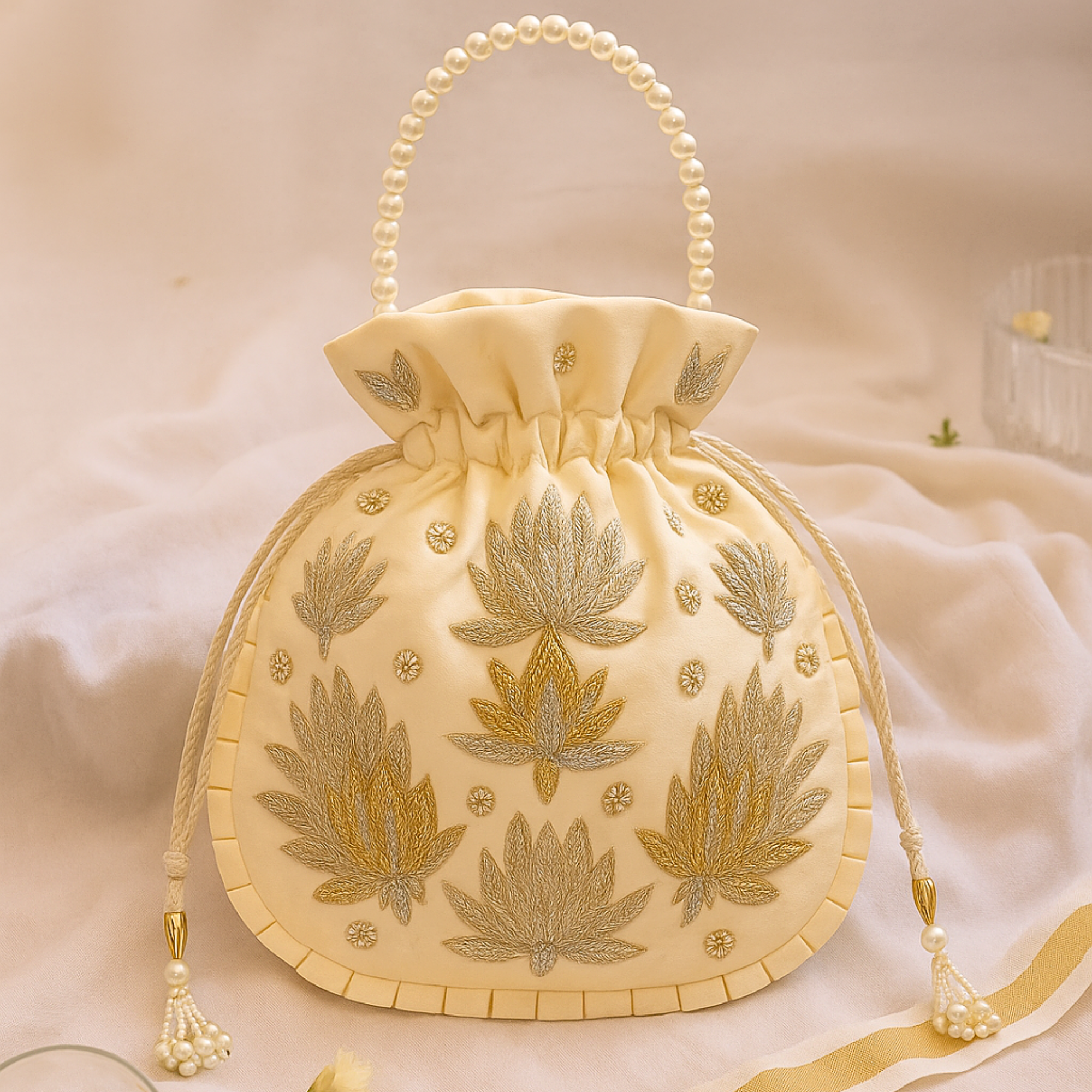 Ivory Golden Lotus Embroidered Potli Bag