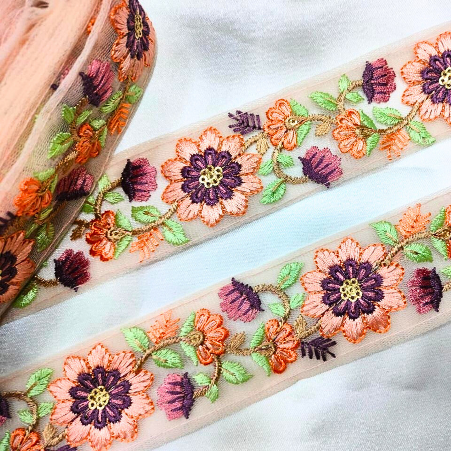 Peach Floral Embroidery Trim for Crafts