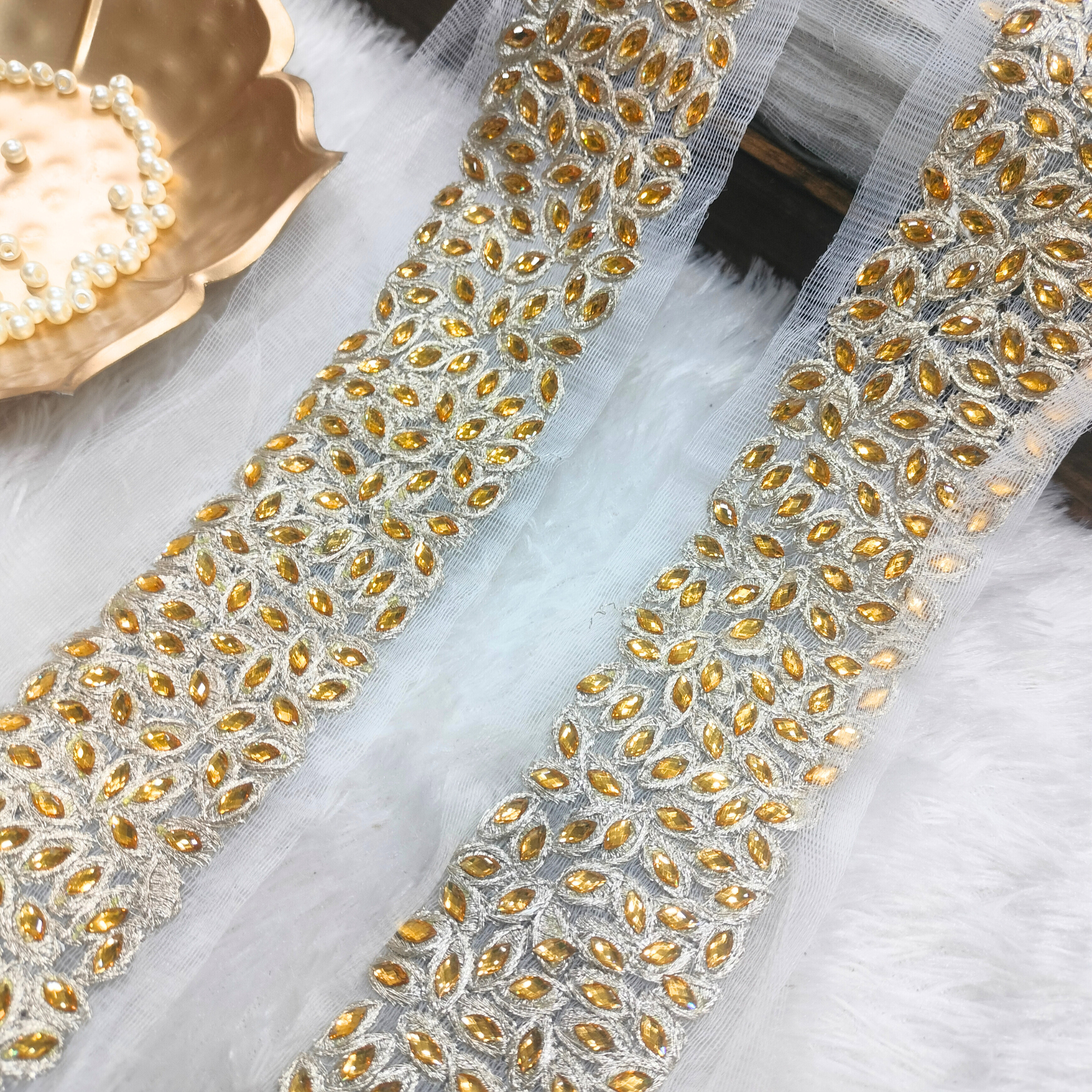 Gold Amber Stone Embroidered Lace on Silver Net