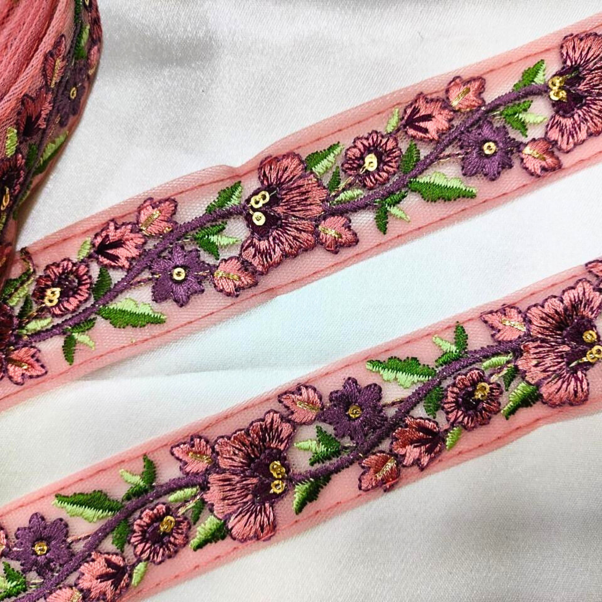 Floral Embroidered Trim with Multicolor Accents