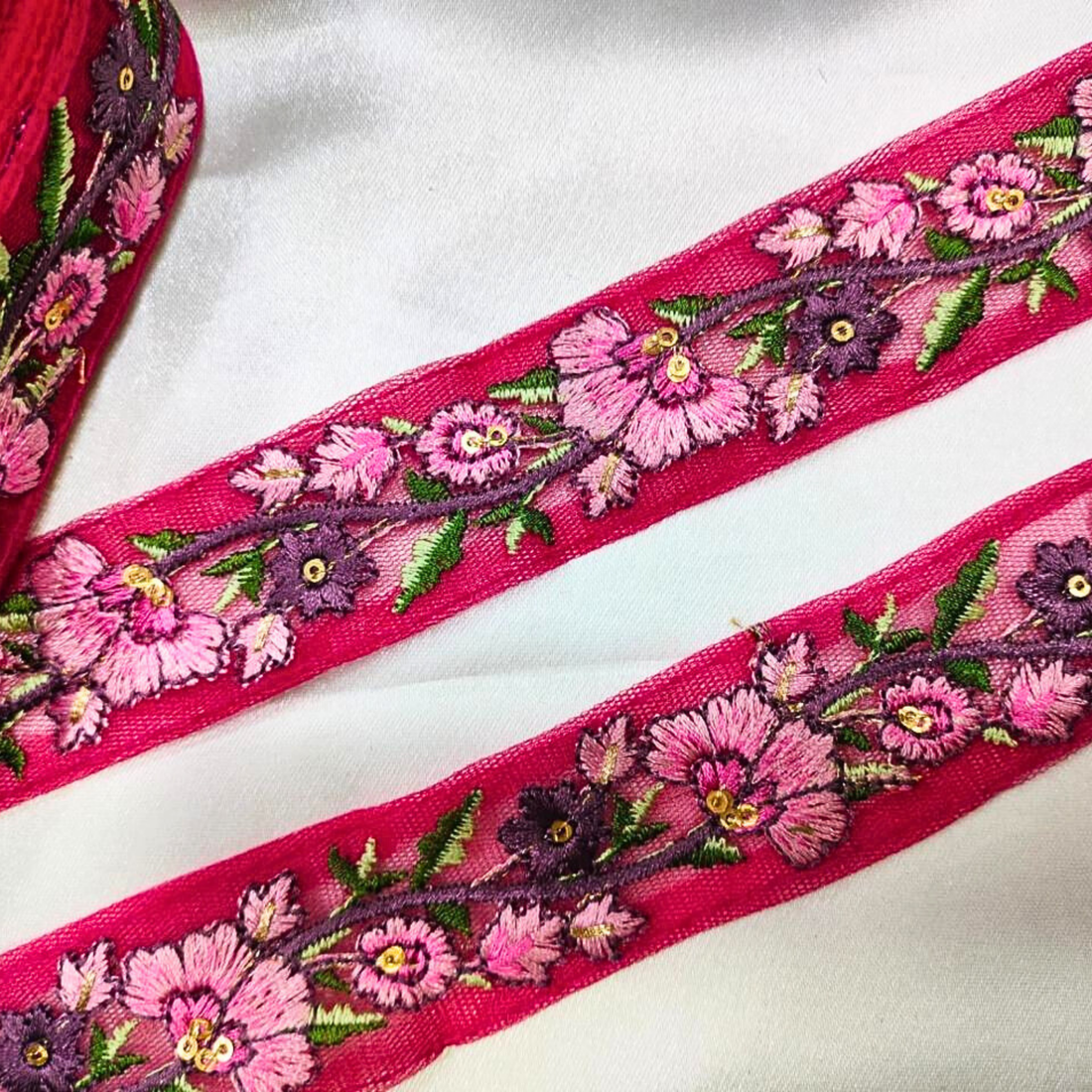 Floral Embroidered Trim with Multicolor Accents