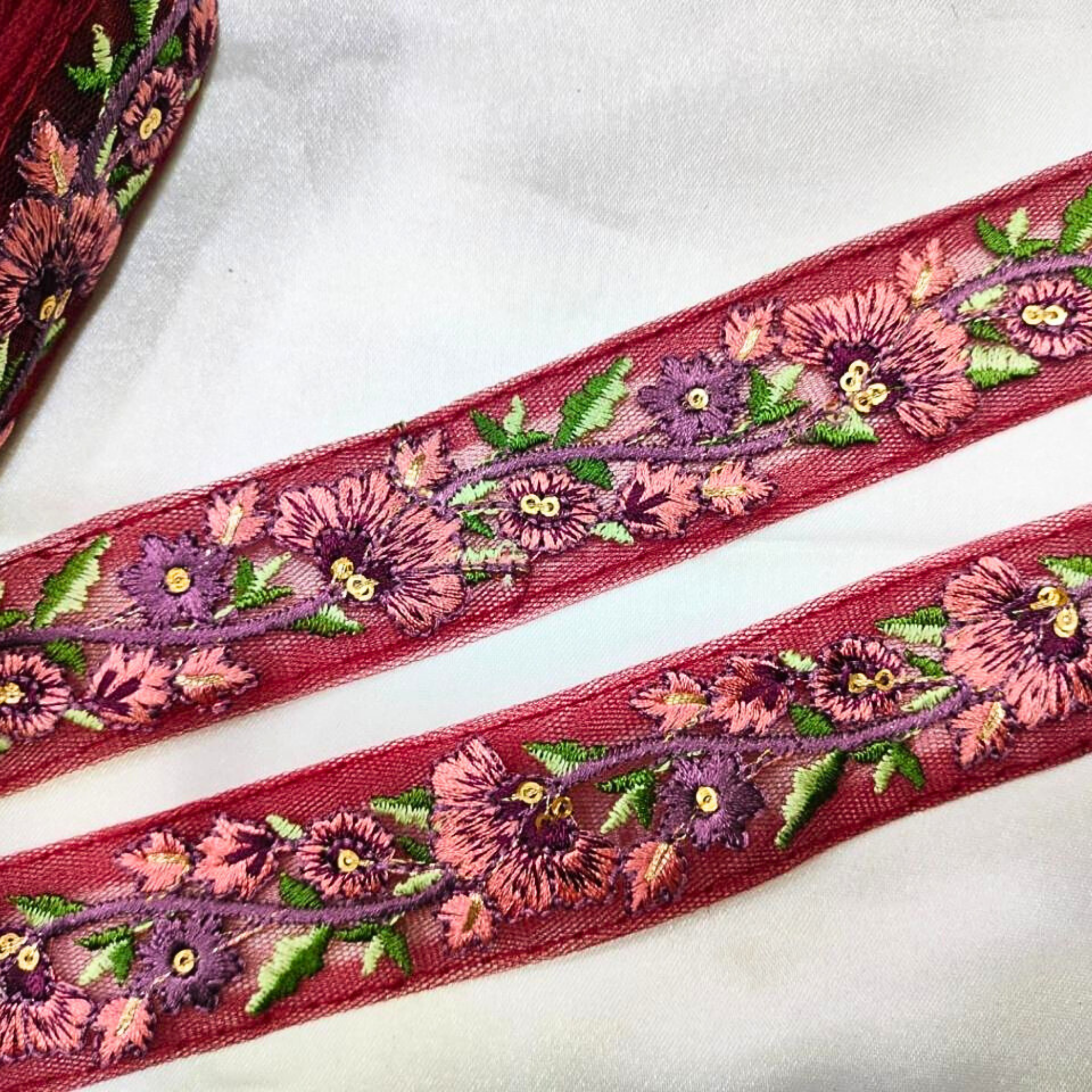 Floral Embroidered Trim with Multicolor Accents