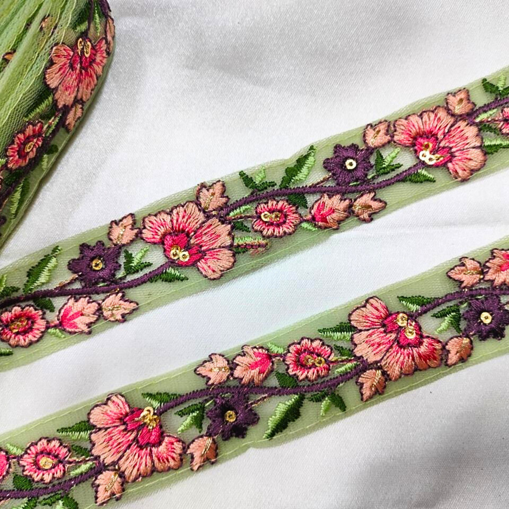 Floral Embroidered Trim with Multicolor Accents