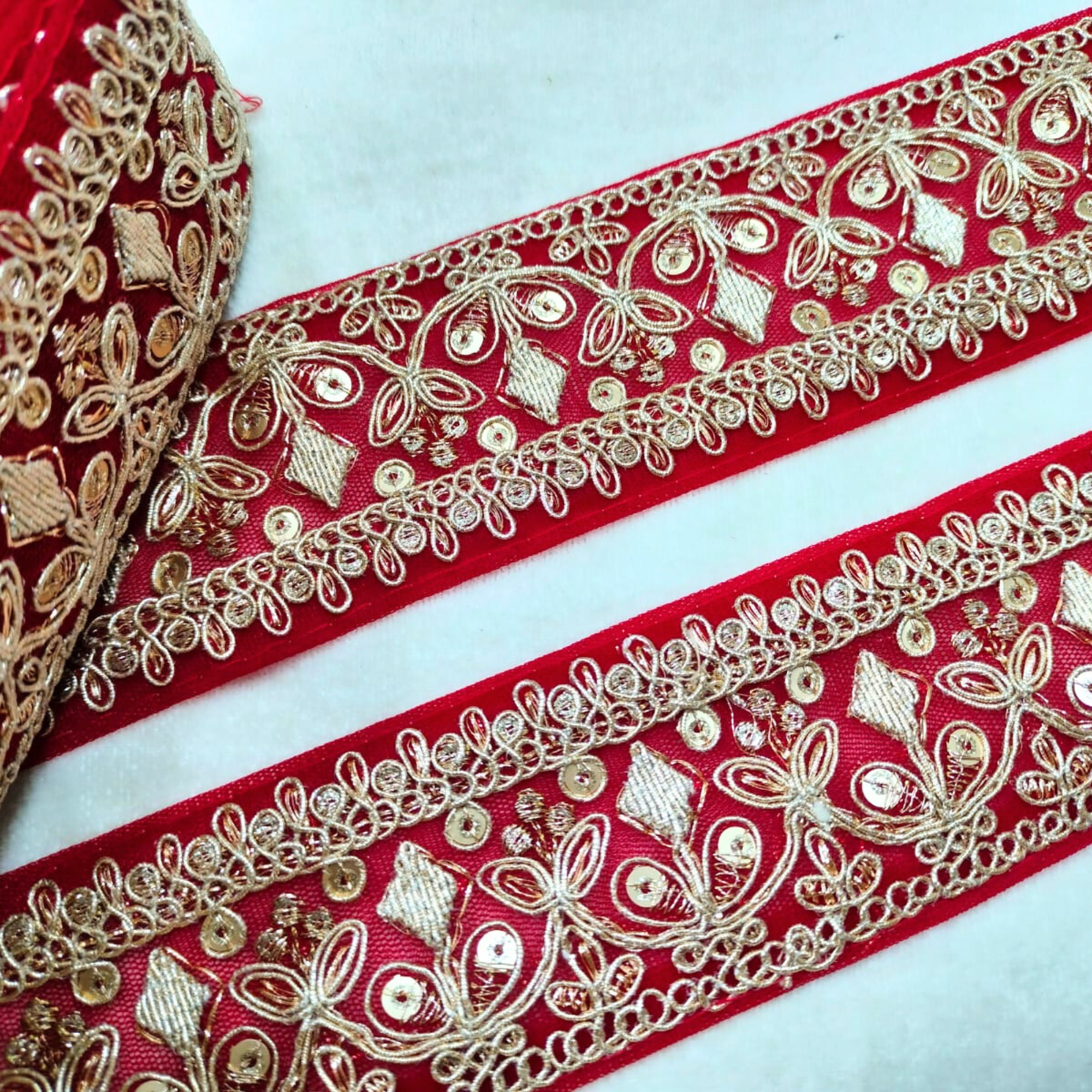 Red And Gold Zari Embroidered Lace