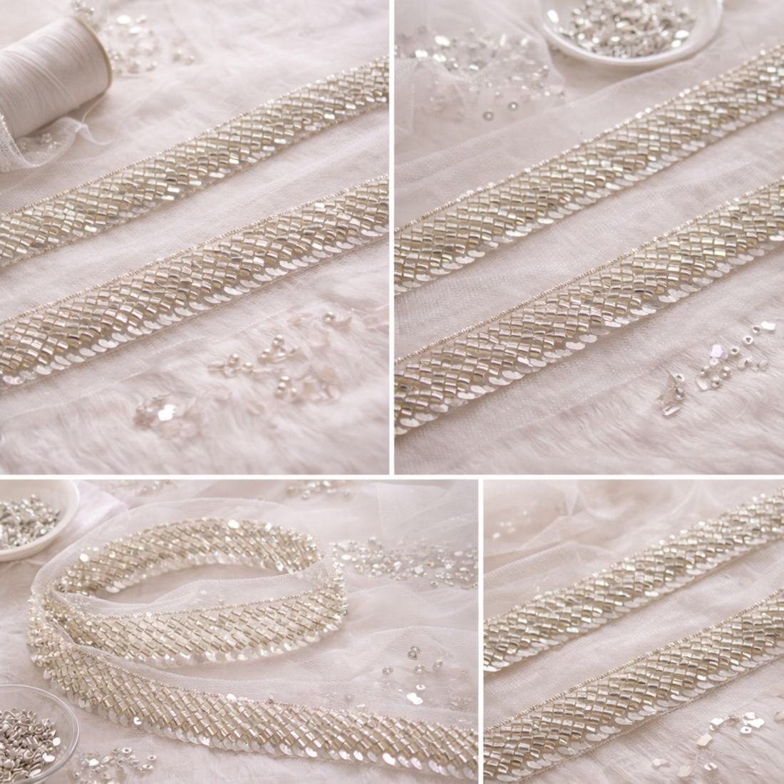 Silver Beaded Sequin Linear Lace