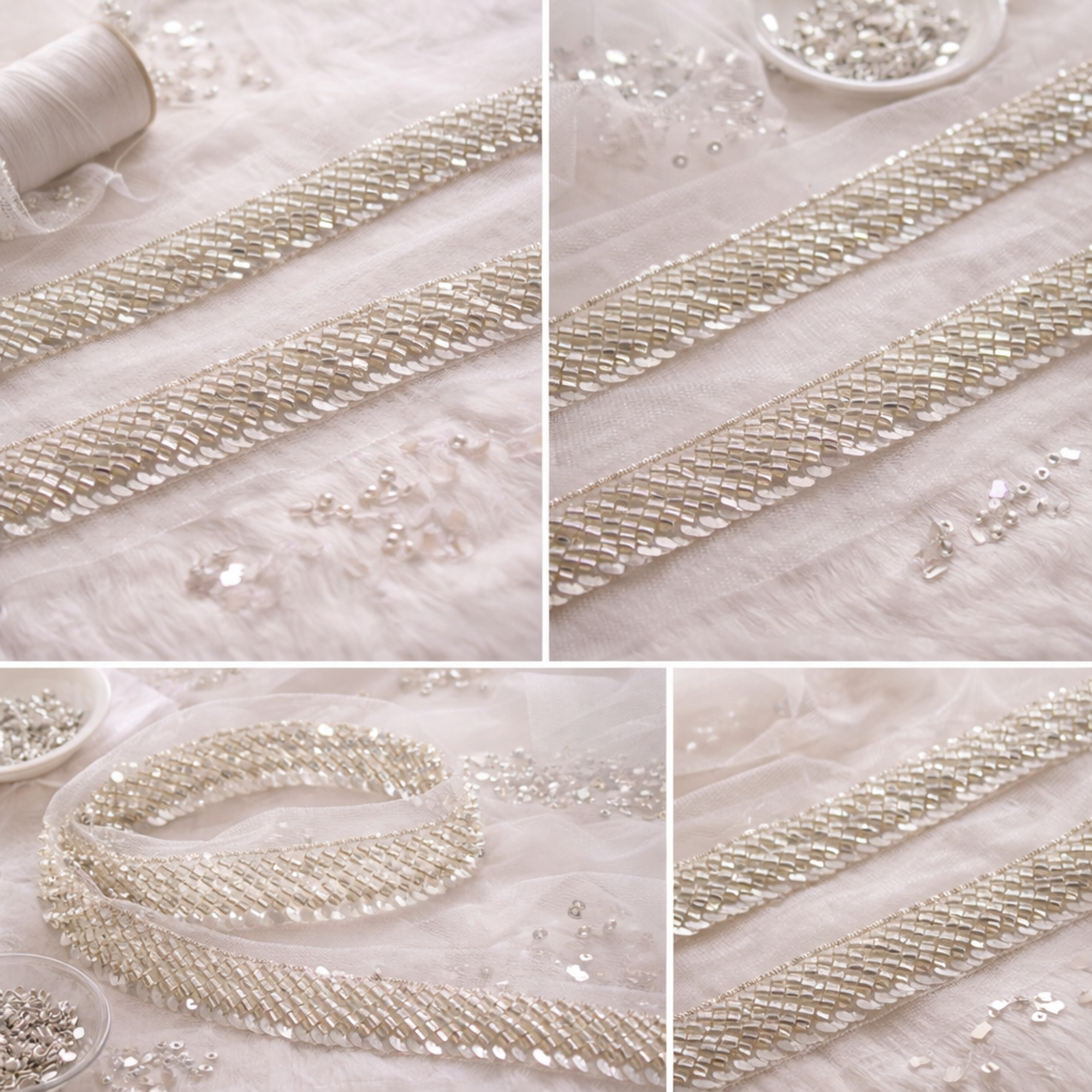 Luxury Silver Handcrafted Bugle Bead & Sequin Embroidered Lace
