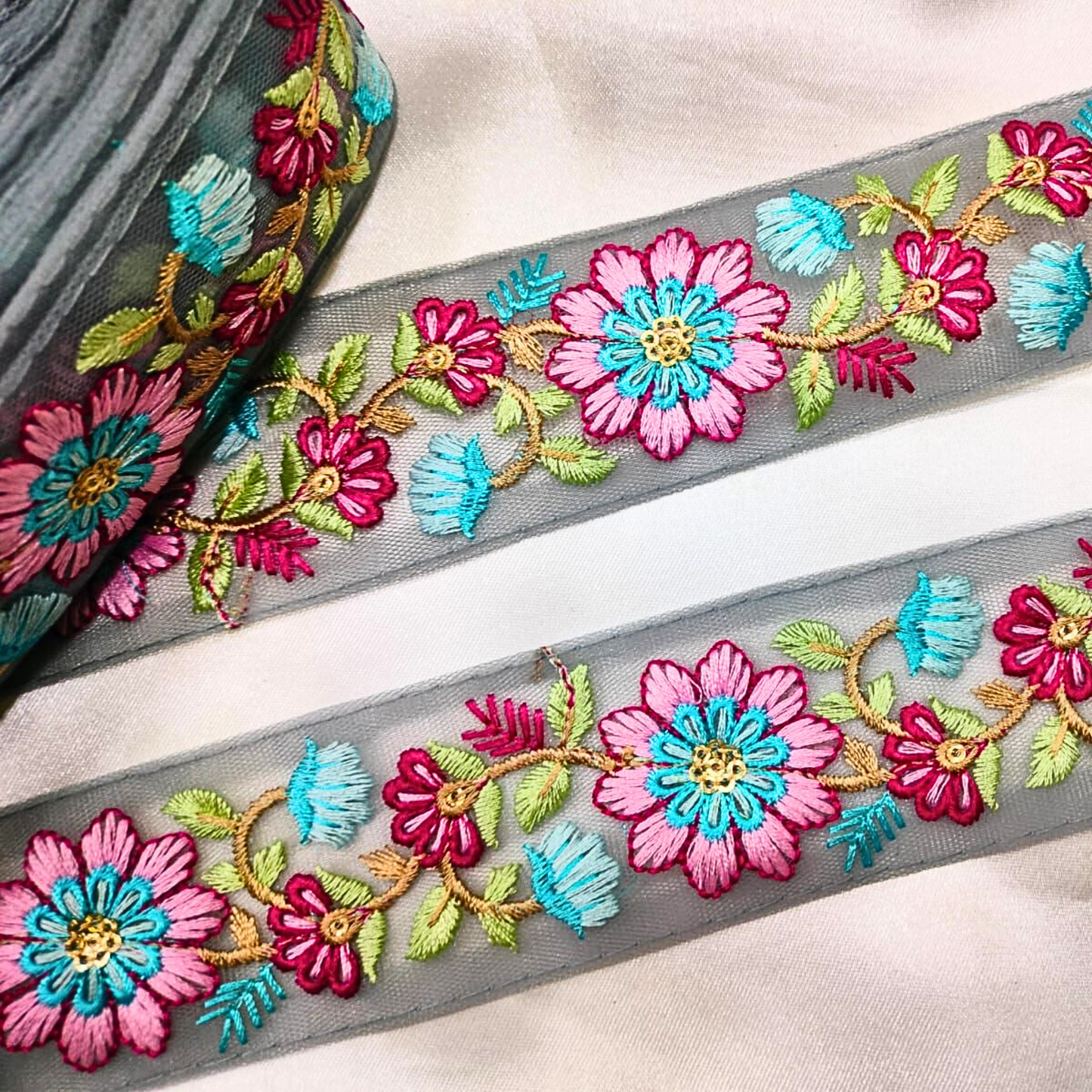 Grey Floral Embroidery Trim for Crafts