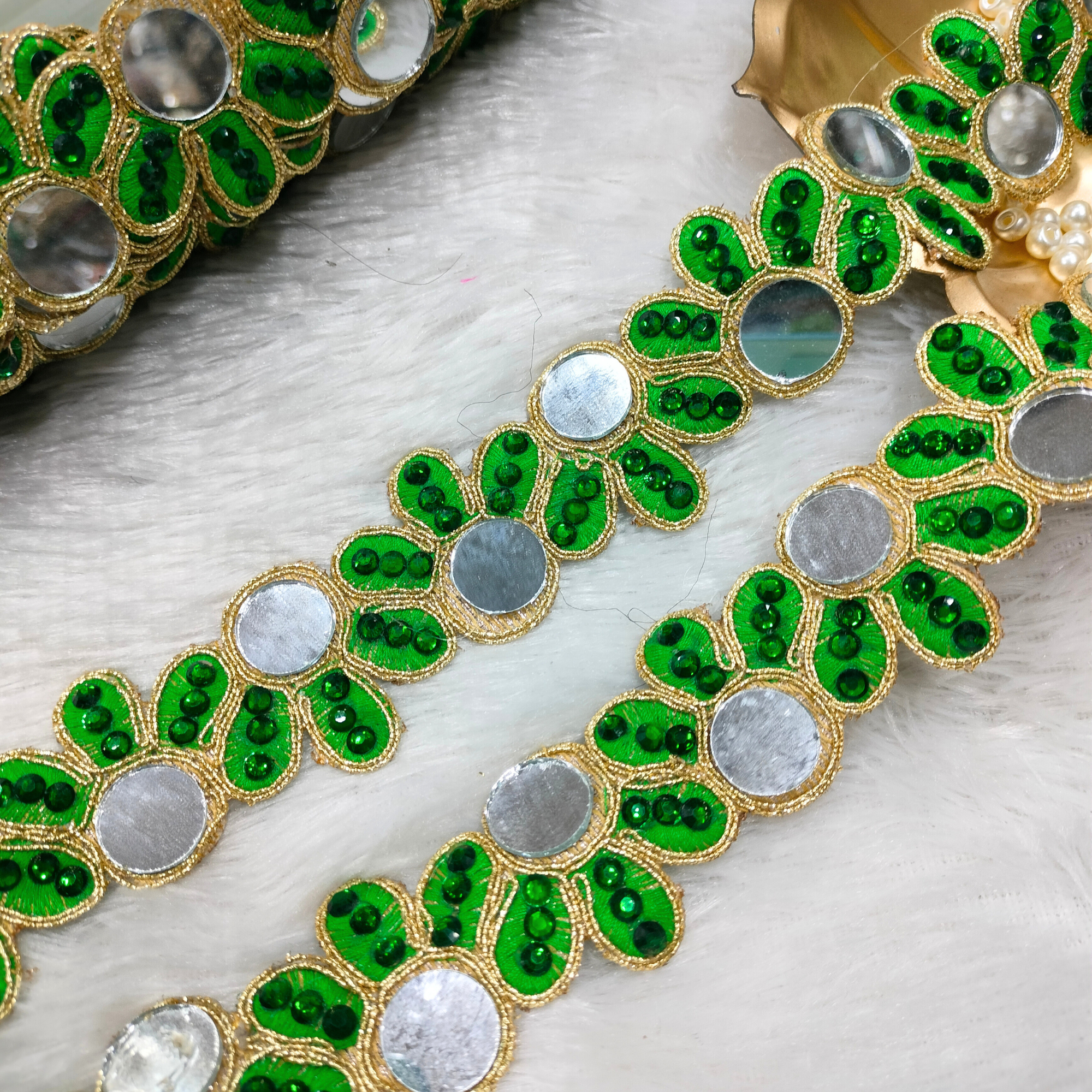 Green Mirror Work Flower Lace