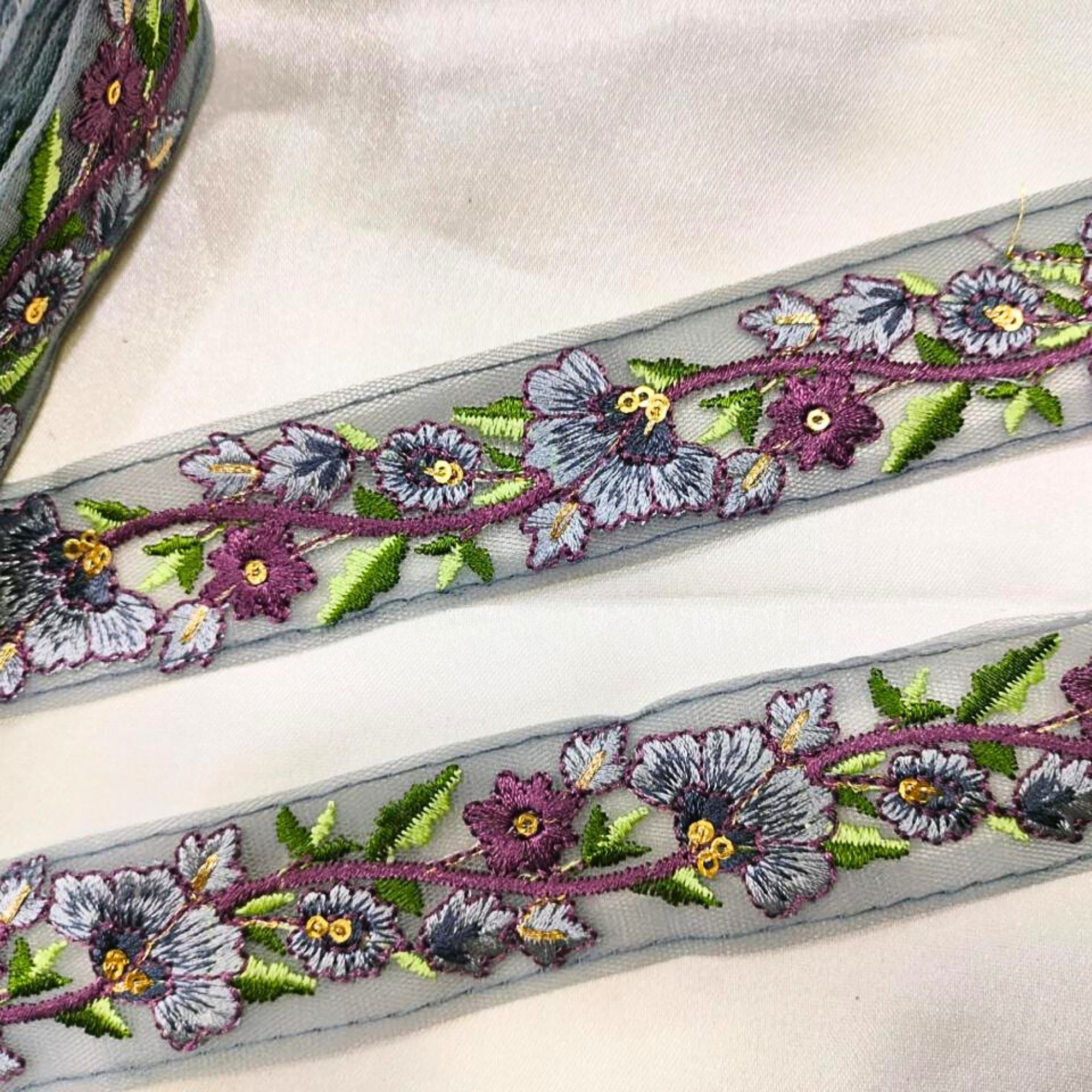 Floral Embroidered Trim with Multicolor Accents