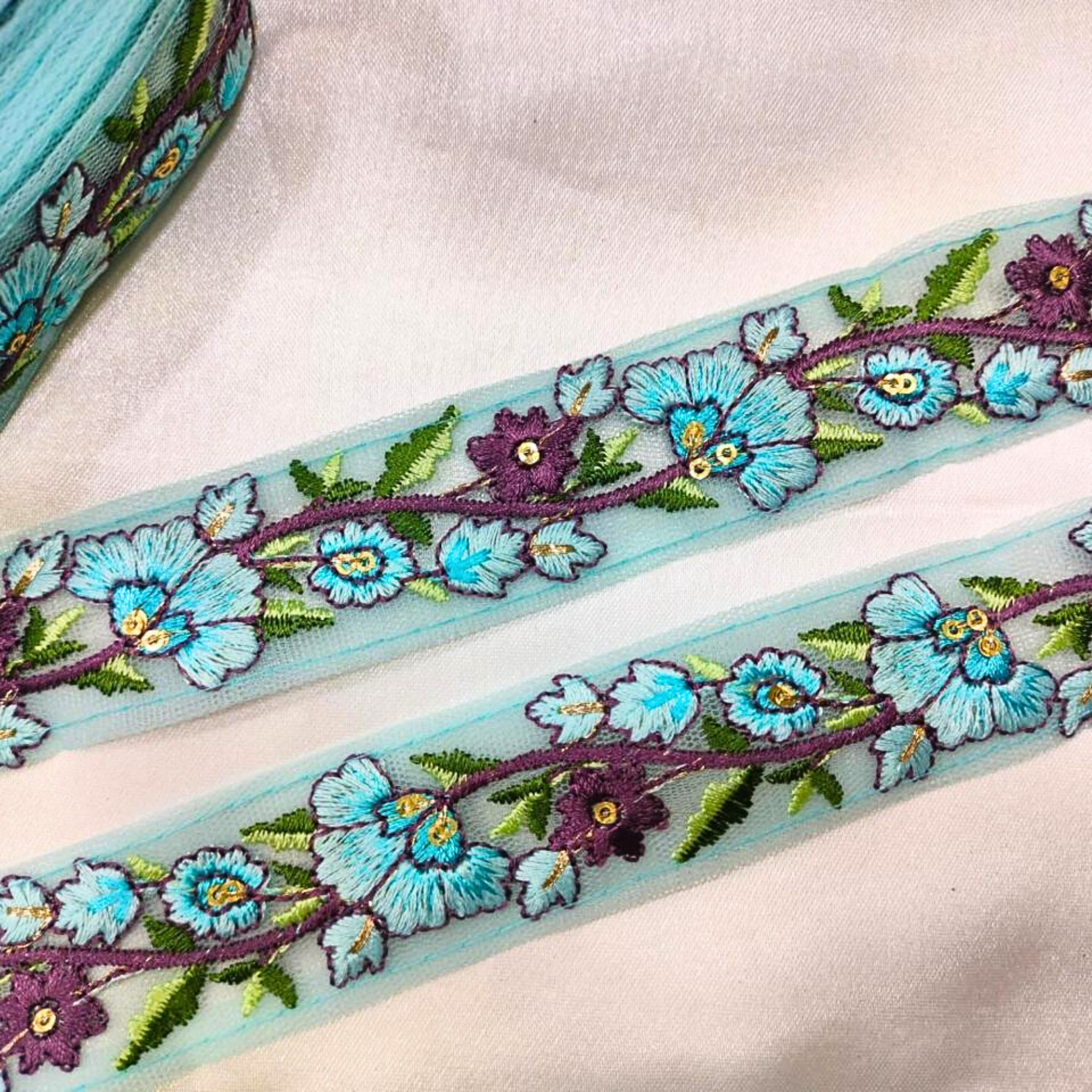 Floral Embroidered Trim with Multicolor Accents