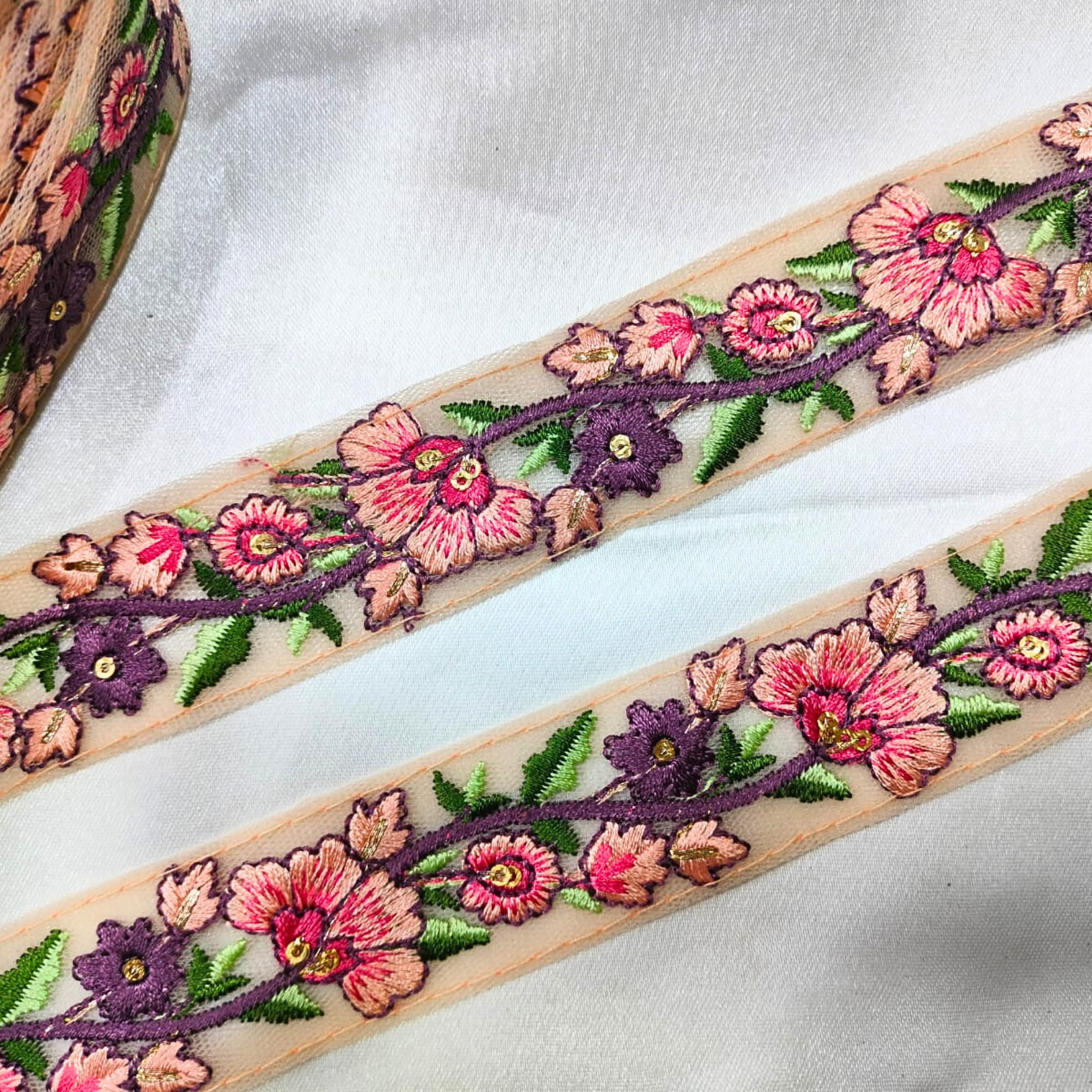Floral Embroidered Trim with Multicolor Accents