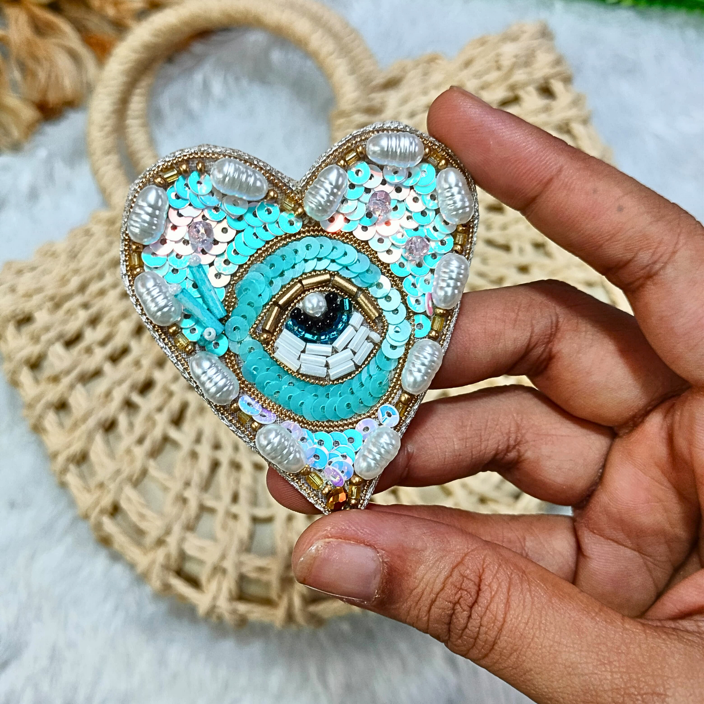 Heart-Shaped Blue Sequin Evil Eye Patch