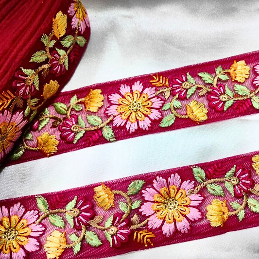 Red Floral Embroidery Trim for Crafts