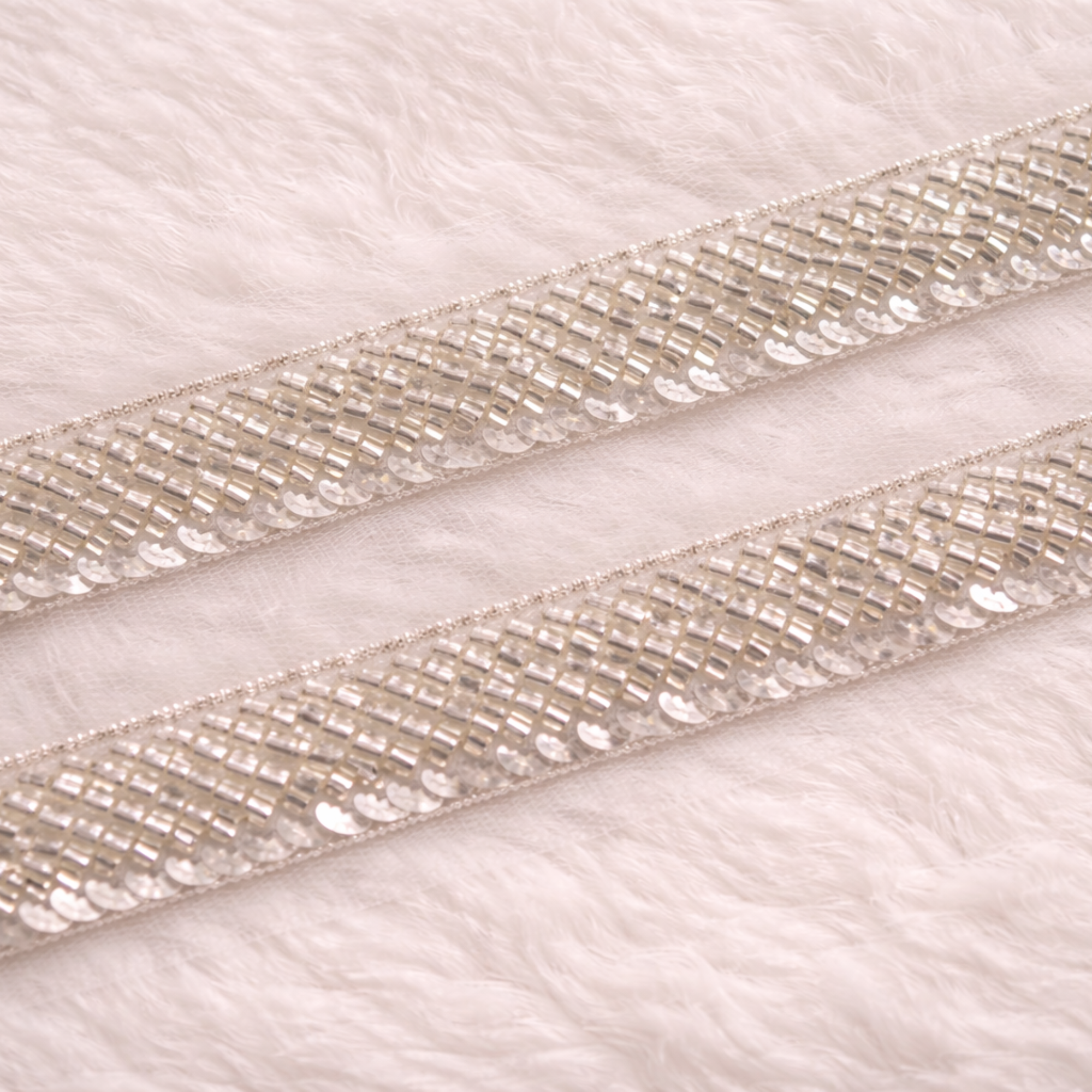 Luxury Silver Handcrafted Bugle Bead & Sequin Embroidered Lace